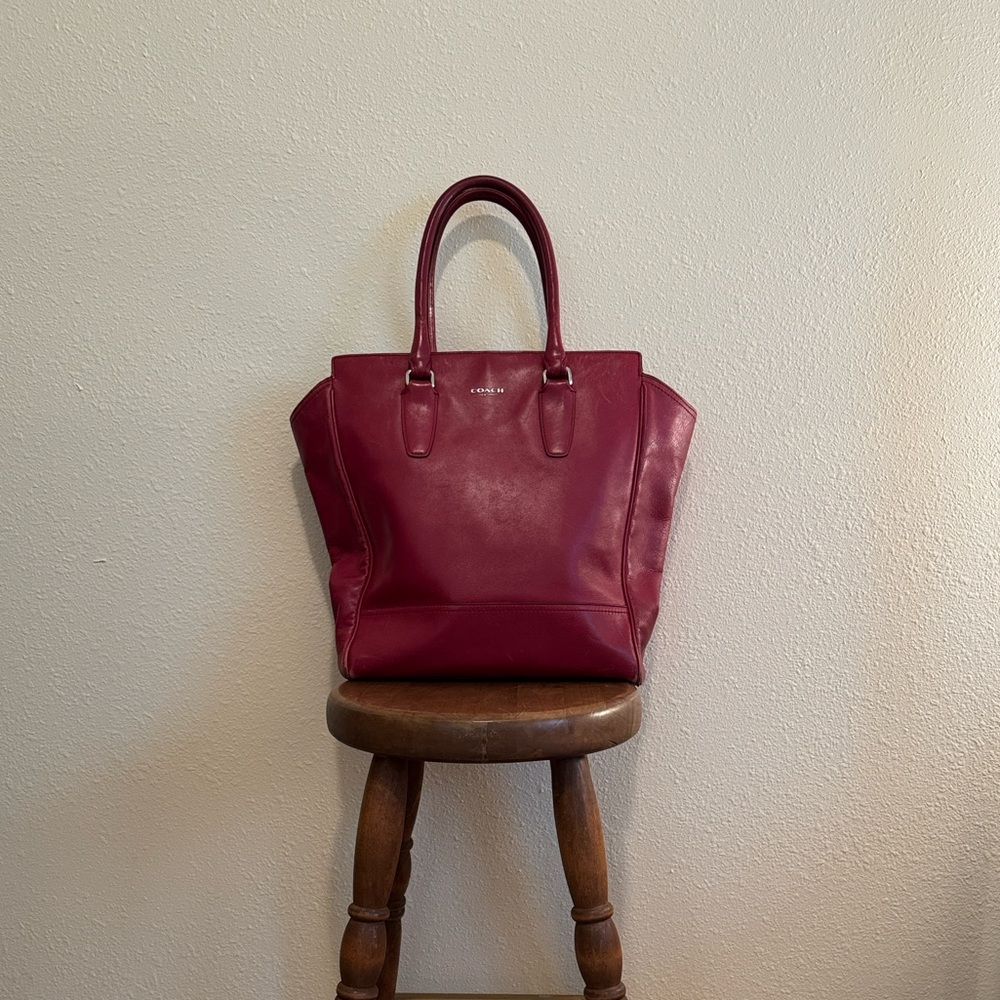 Coach Red Leather Tote with Silver Hardware